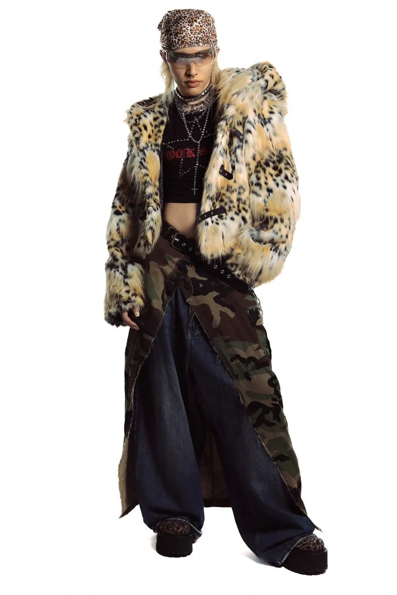 Animal print faux fur hooded jacket brown cropped bobcat bomber leopard fuzzy rave coat burning man cheetah pullover