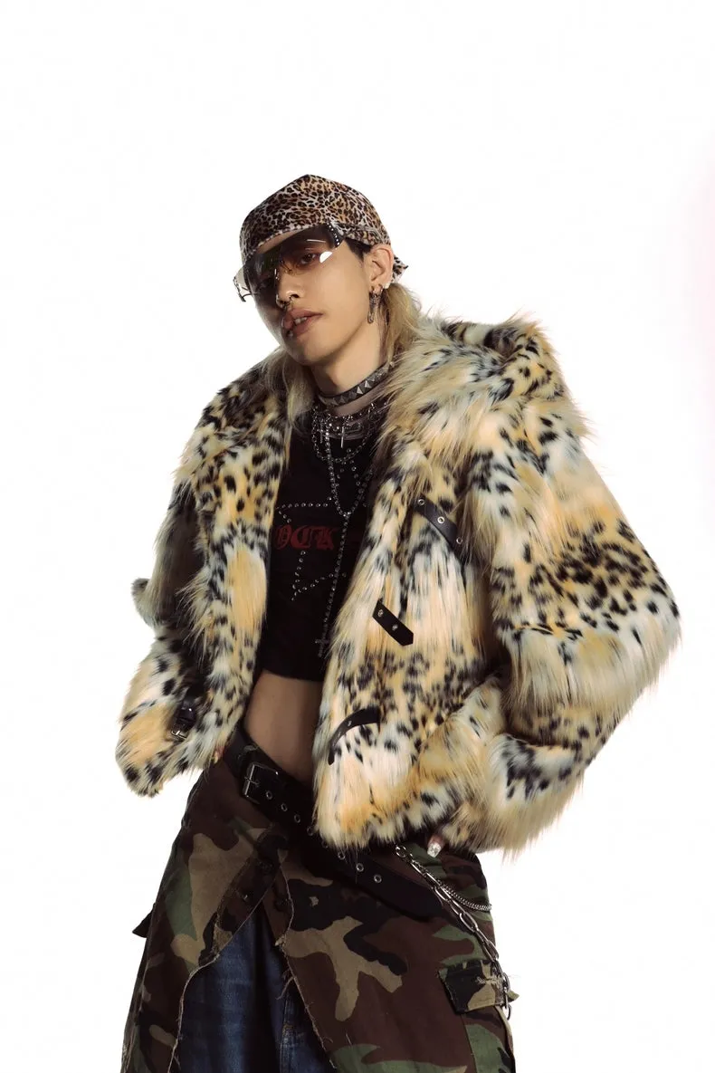 Animal print faux fur hooded jacket brown cropped bobcat bomber leopard fuzzy rave coat burning man cheetah pullover