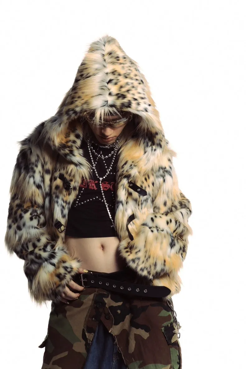 Animal print faux fur hooded jacket brown cropped bobcat bomber leopard fuzzy rave coat burning man cheetah pullover