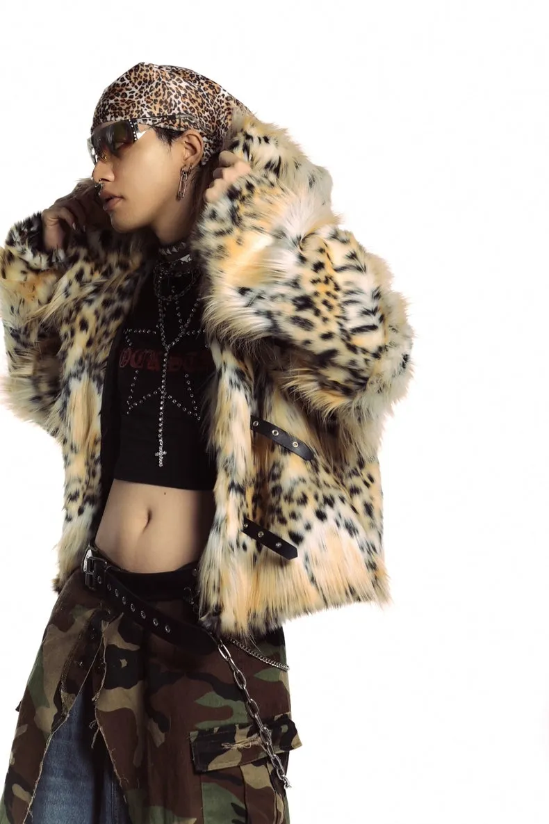 Animal print faux fur hooded jacket brown cropped bobcat bomber leopard fuzzy rave coat burning man cheetah pullover