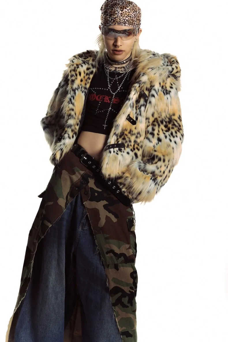 Animal print faux fur hooded jacket brown cropped bobcat bomber leopard fuzzy rave coat burning man cheetah pullover