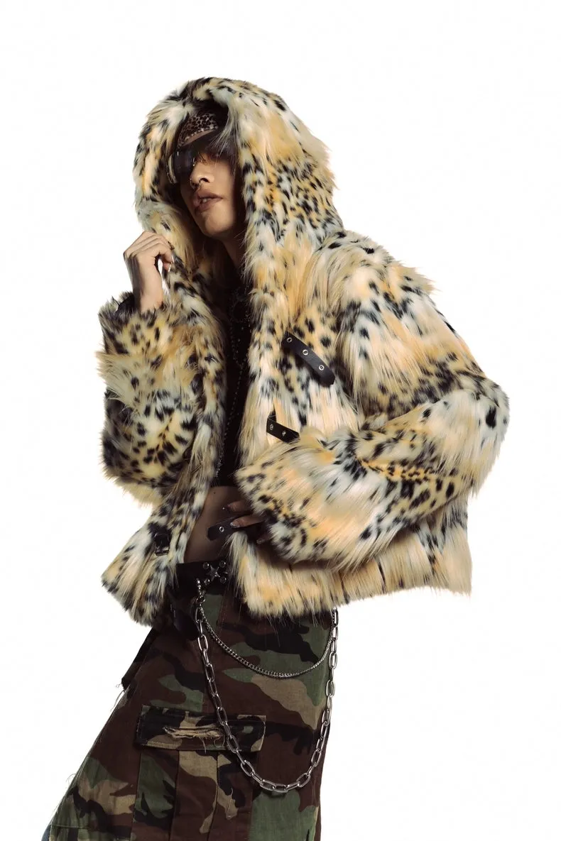 Animal print faux fur hooded jacket brown cropped bobcat bomber leopard fuzzy rave coat burning man cheetah pullover