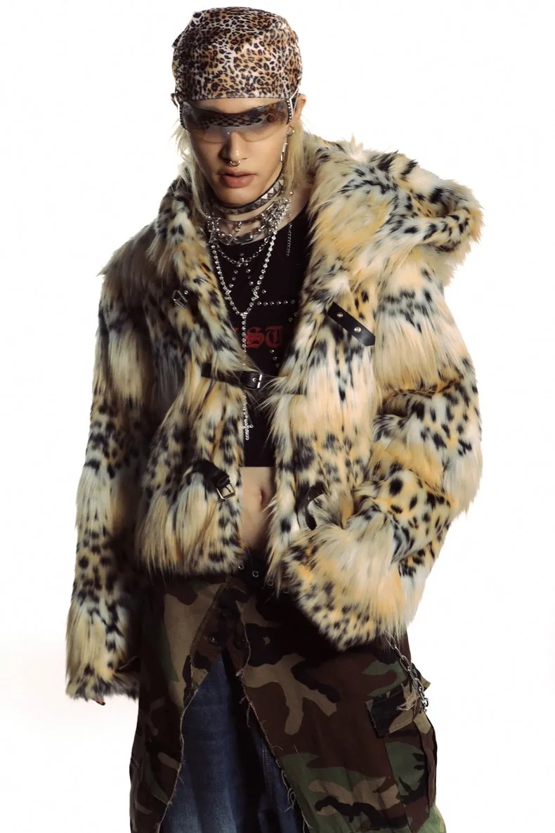 Animal print faux fur hooded jacket brown cropped bobcat bomber leopard fuzzy rave coat burning man cheetah pullover