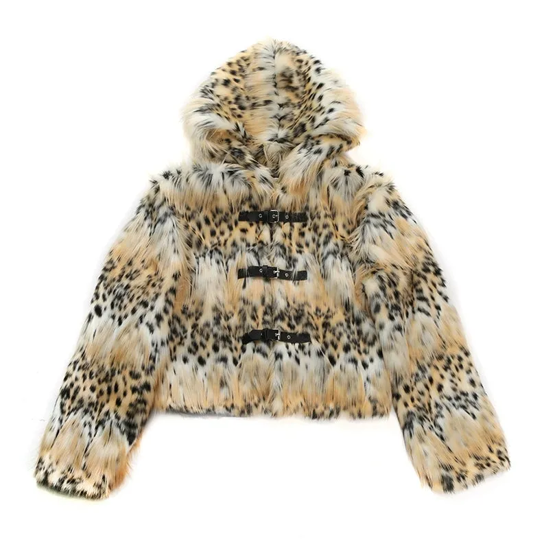 Animal print faux fur hooded jacket brown cropped bobcat bomber leopard fuzzy rave coat burning man cheetah pullover