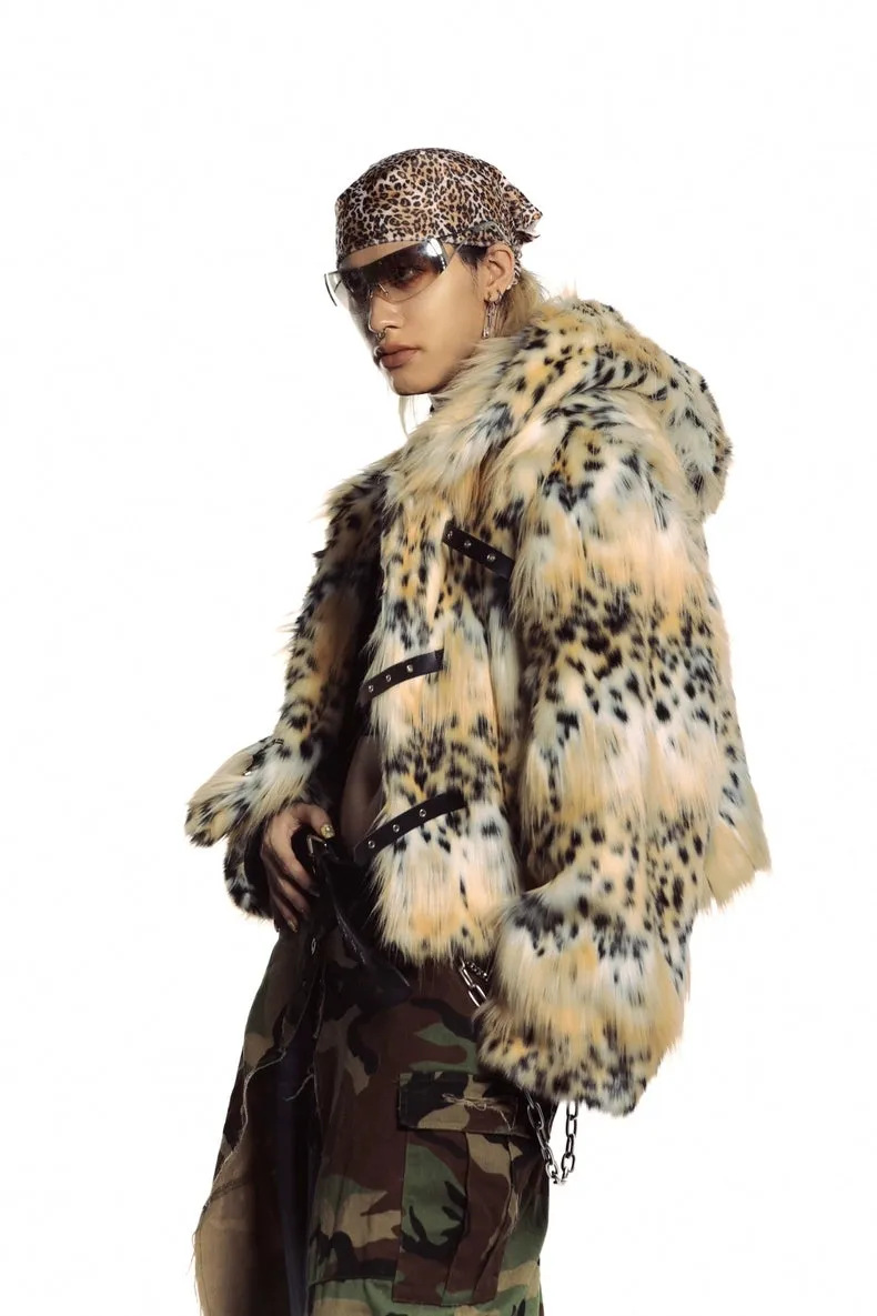 Animal print faux fur hooded jacket brown cropped bobcat bomber leopard fuzzy rave coat burning man cheetah pullover