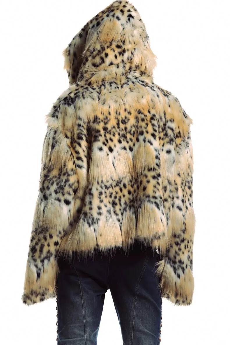 Animal print faux fur hooded jacket brown cropped bobcat bomber leopard fuzzy rave coat burning man cheetah pullover