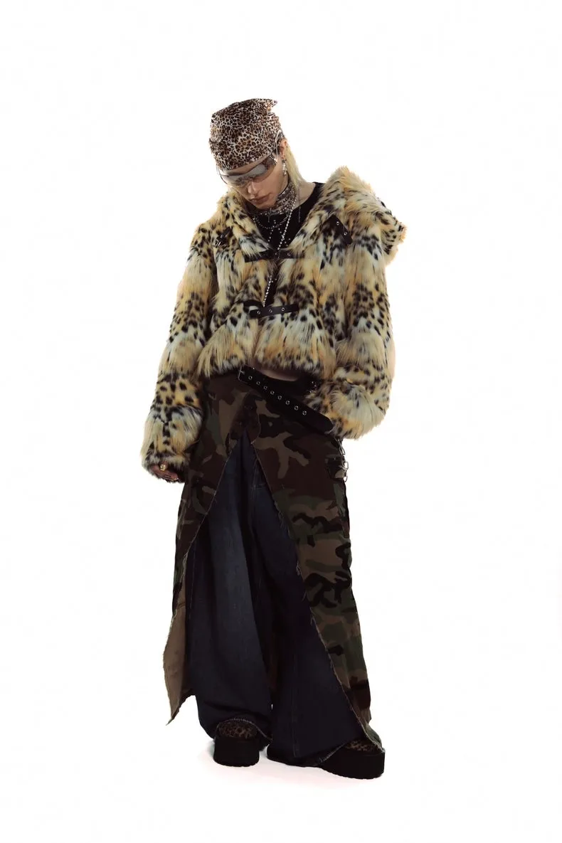 Animal print faux fur hooded jacket brown cropped bobcat bomber leopard fuzzy rave coat burning man cheetah pullover