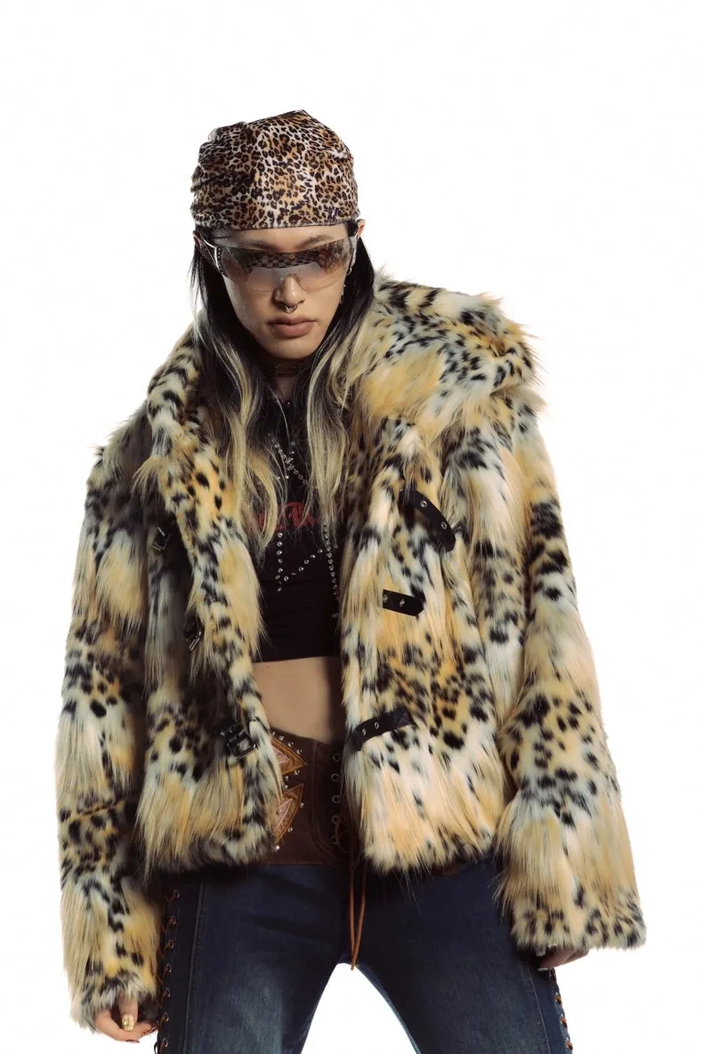 Animal print faux fur hooded jacket brown cropped bobcat bomber leopard fuzzy rave coat burning man cheetah pullover