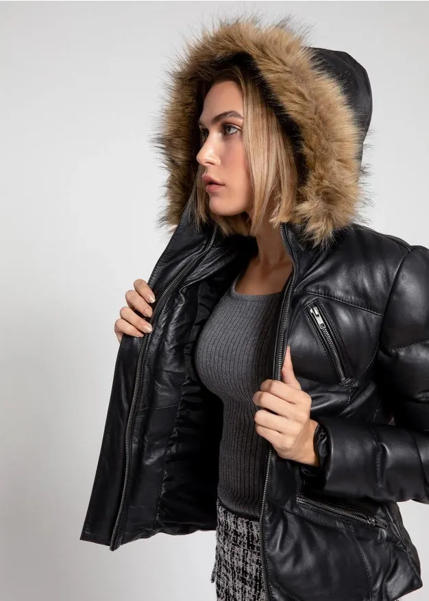 Black Women Joselyn Puffer Winter Down Leather Jacket