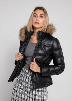 Black Women Joselyn Puffer Winter Down Leather Jacket