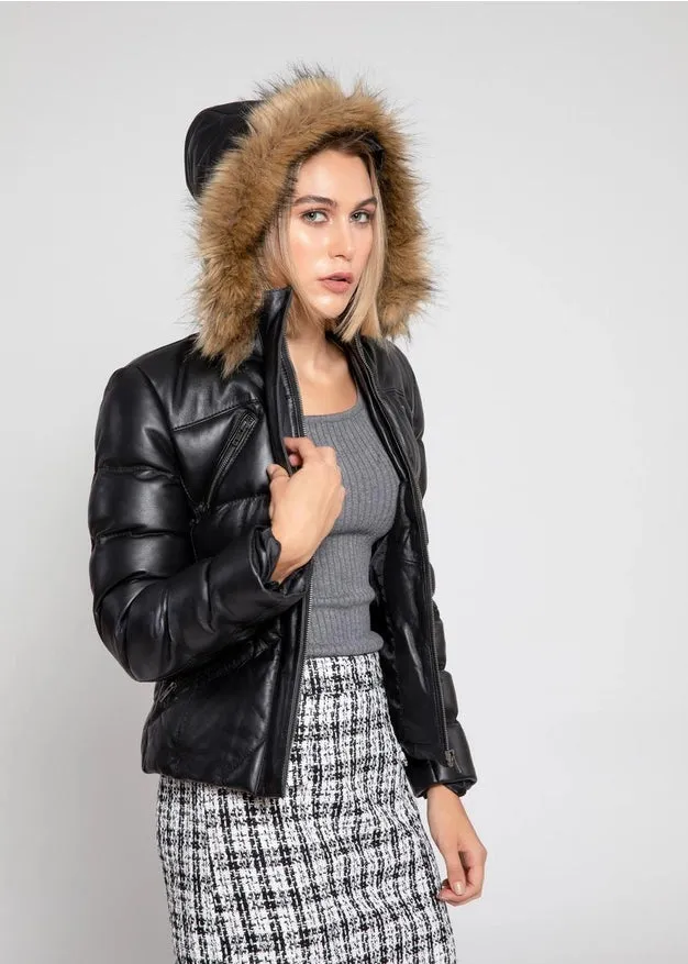 Black Women Joselyn Puffer Winter Down Leather Jacket