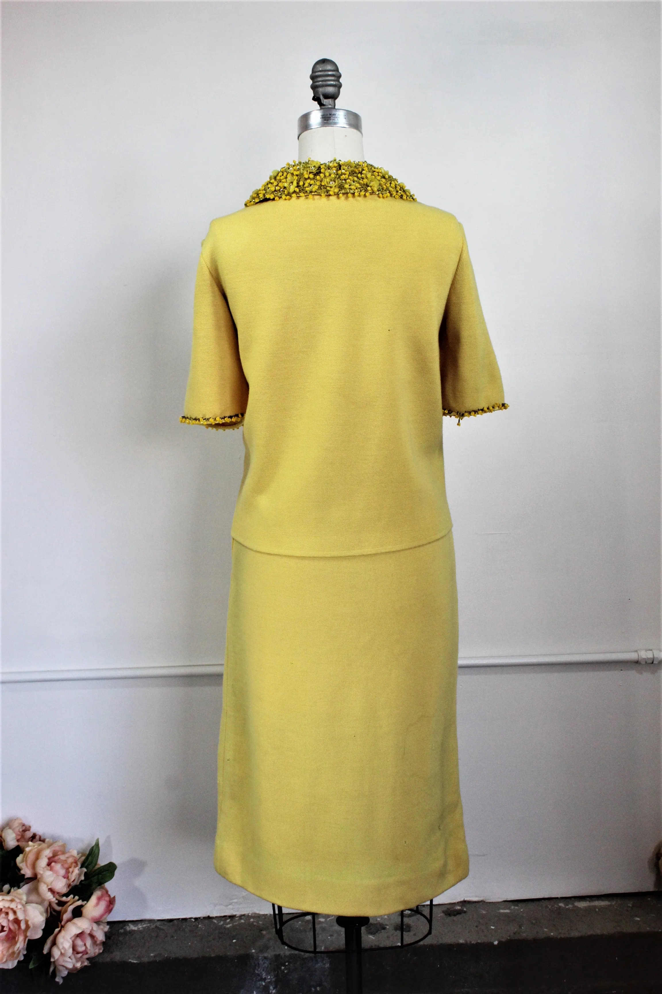 CLEARANCE: Vintage 1960s Yellow Knit Suit With Beaded Collar