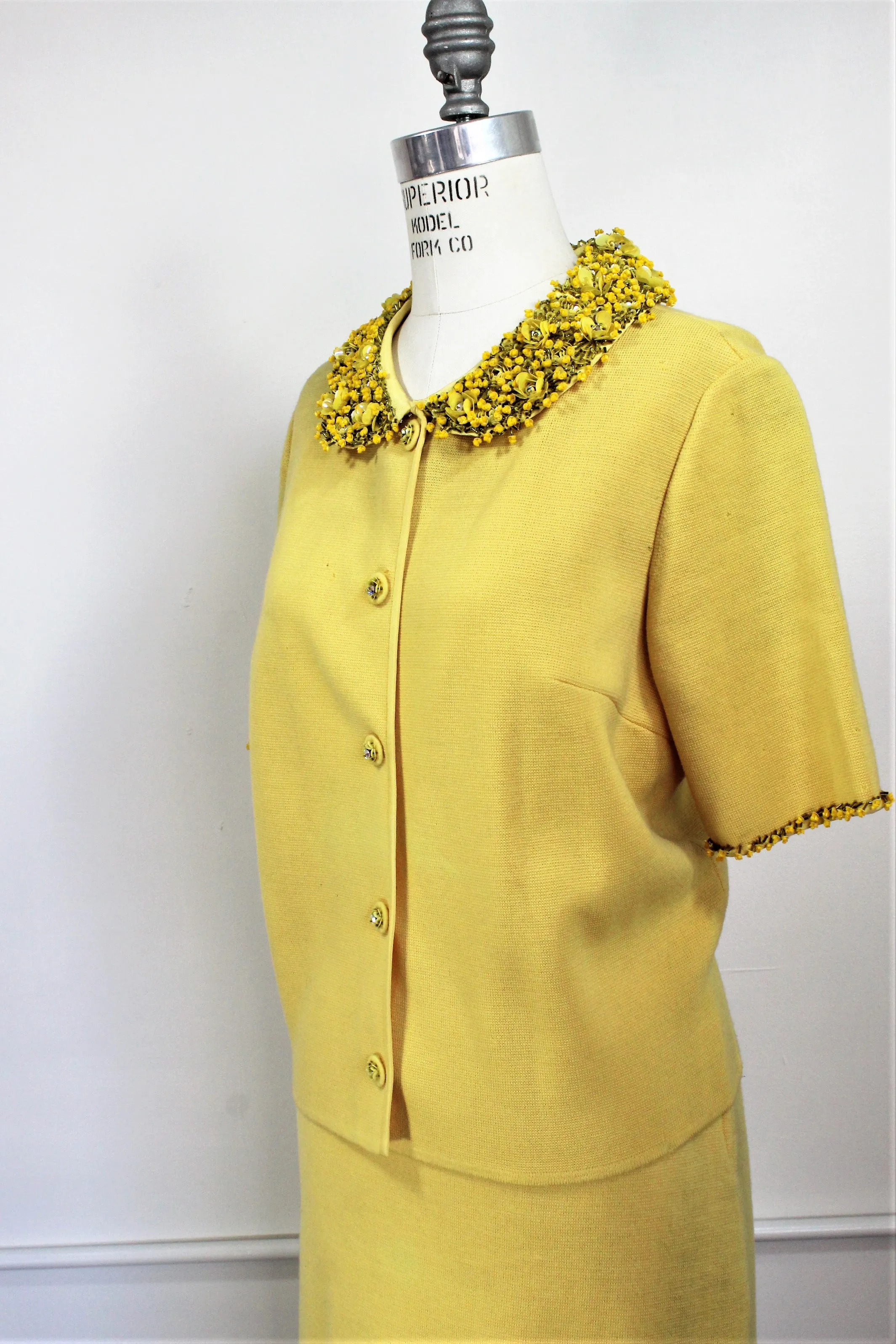 CLEARANCE: Vintage 1960s Yellow Knit Suit With Beaded Collar