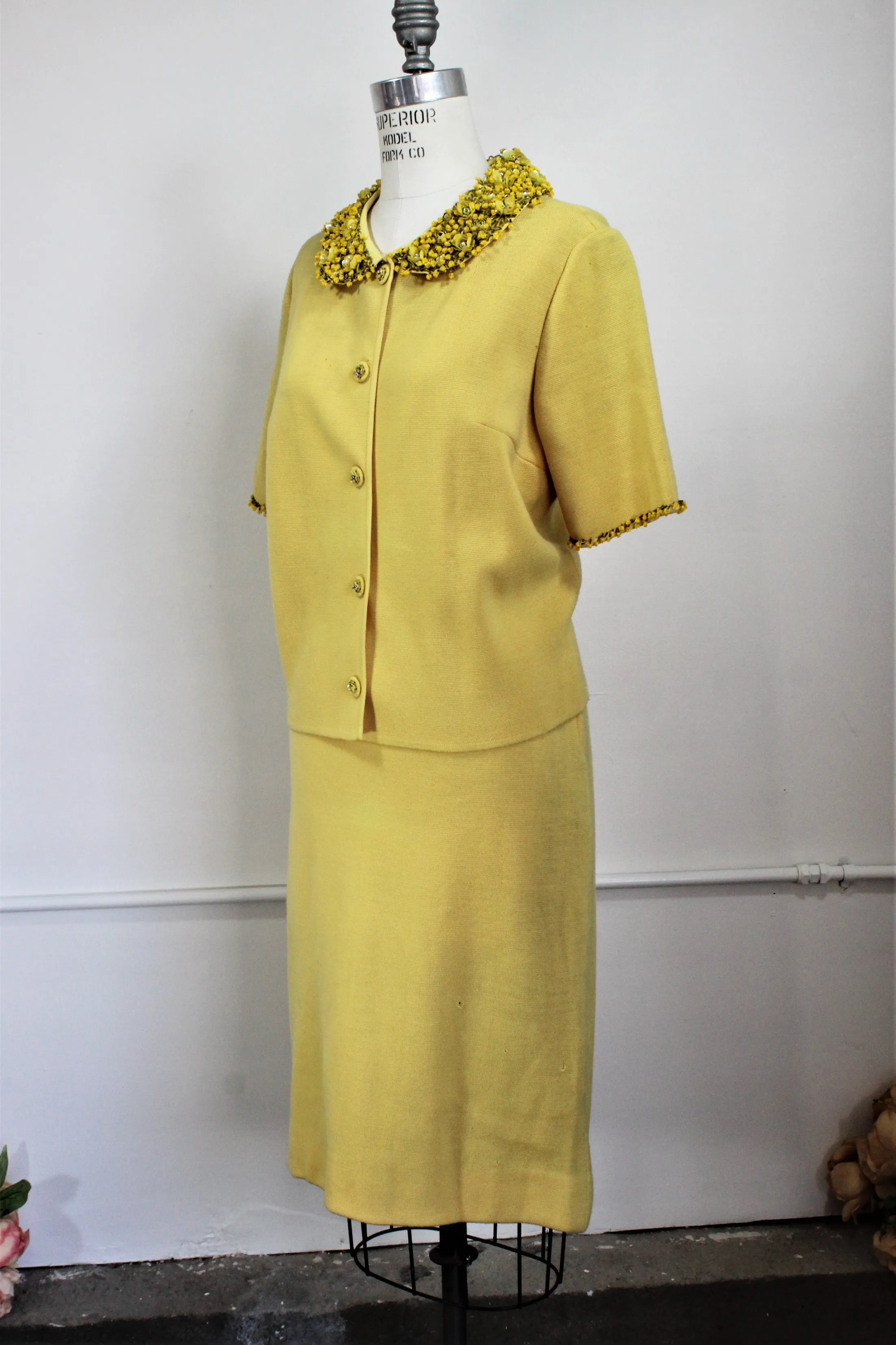 CLEARANCE: Vintage 1960s Yellow Knit Suit With Beaded Collar