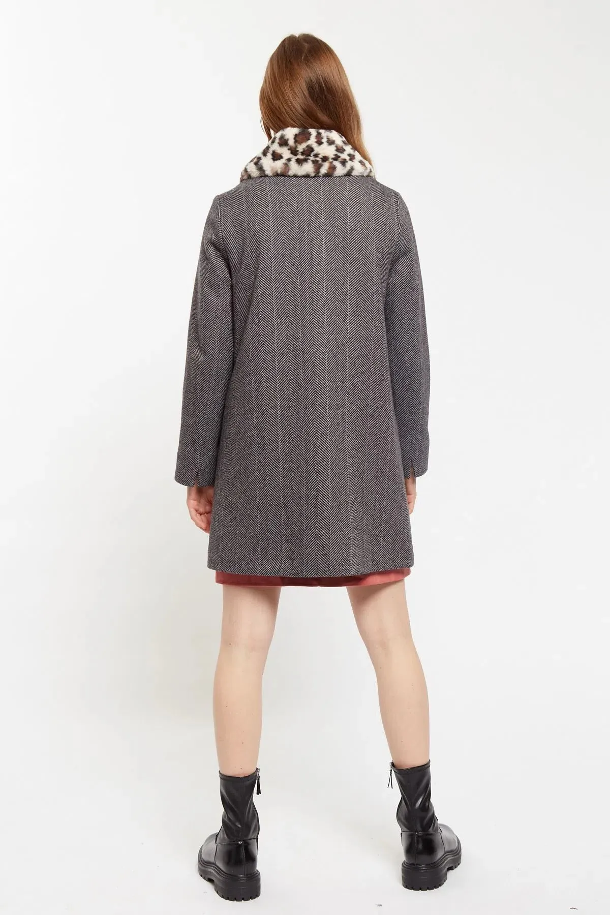 Dryden Herringbone Faux Fur Collar A Line Coat