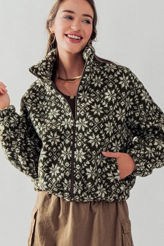 Green Sherpa Fleece Snow Flake Pattern Jacket