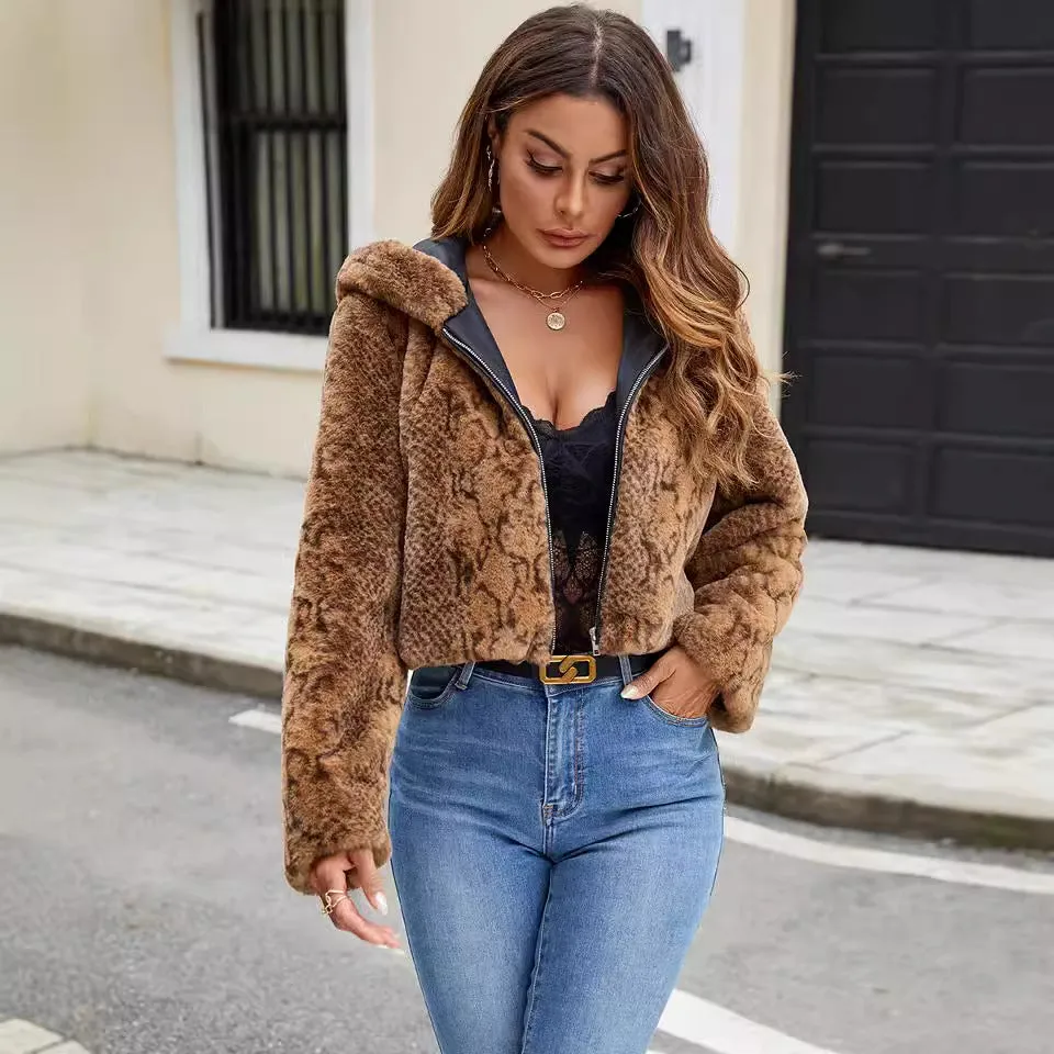 Hooded Faux Fur Leopard Plush Short Coat