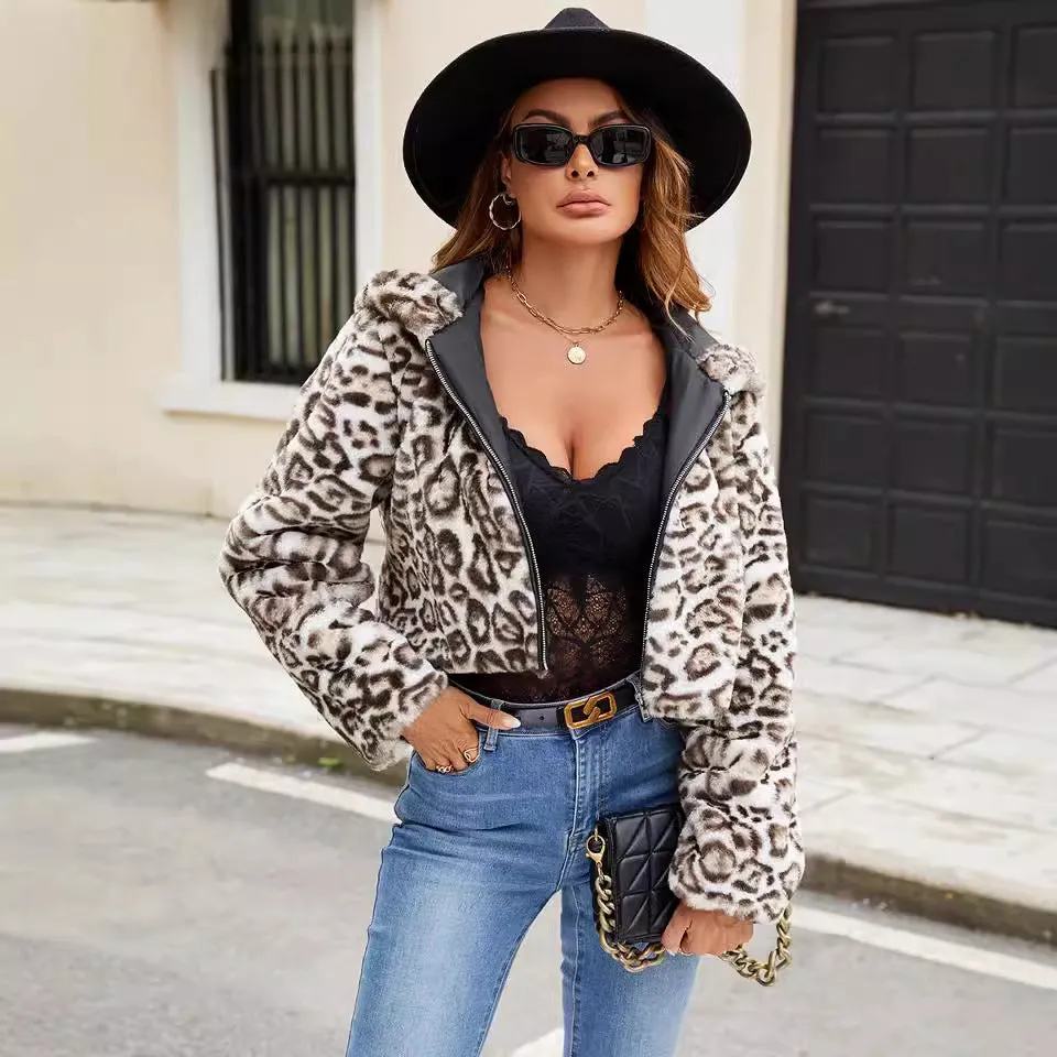 Hooded Faux Fur Leopard Plush Short Coat