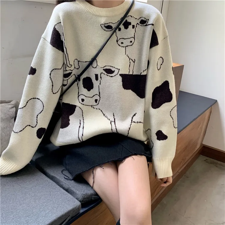 Kawaii Cow Printed Loose Sweater