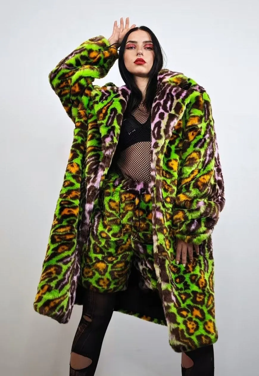 Leopard fauxfur coat green neon animal print festival bomber