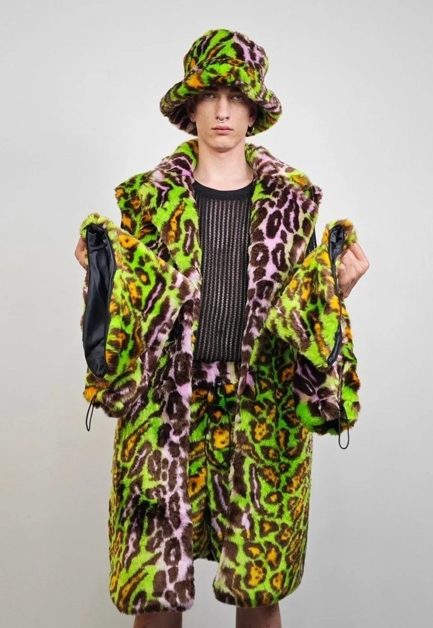 Leopard fauxfur coat green neon animal print festival bomber