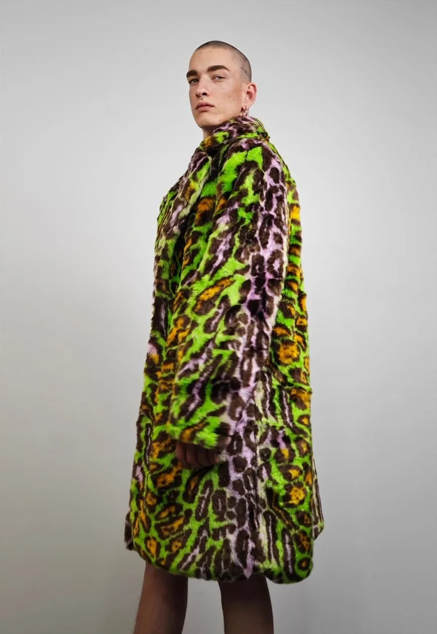 Leopard fauxfur coat green neon animal print festival trench