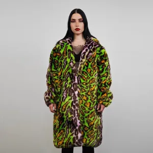 Leopard fauxfur coat green neon animal print festival trench