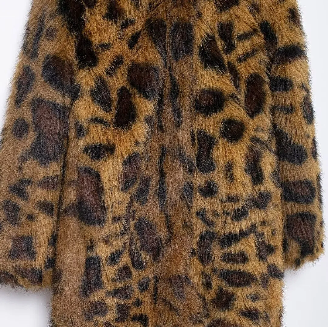 Leopard Print Long Sleeve Faux Fur Coat