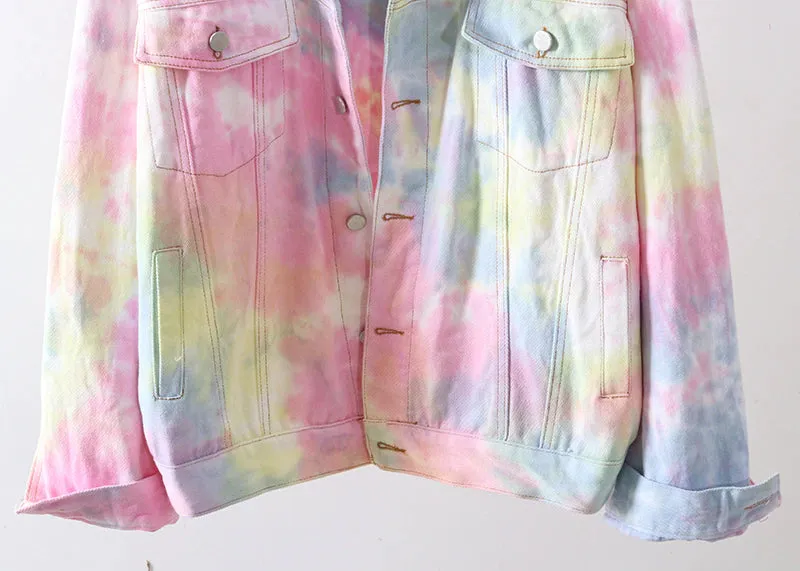 Loose Rainbow Tie Dye Casual Denim Jacket