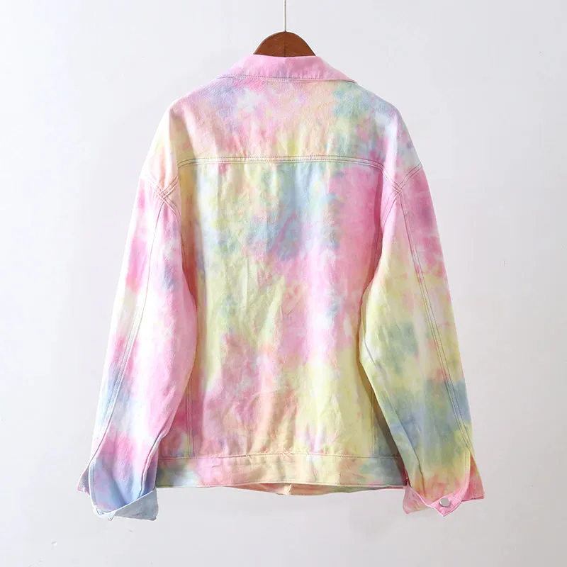 Loose Rainbow Tie Dye Casual Denim Jacket