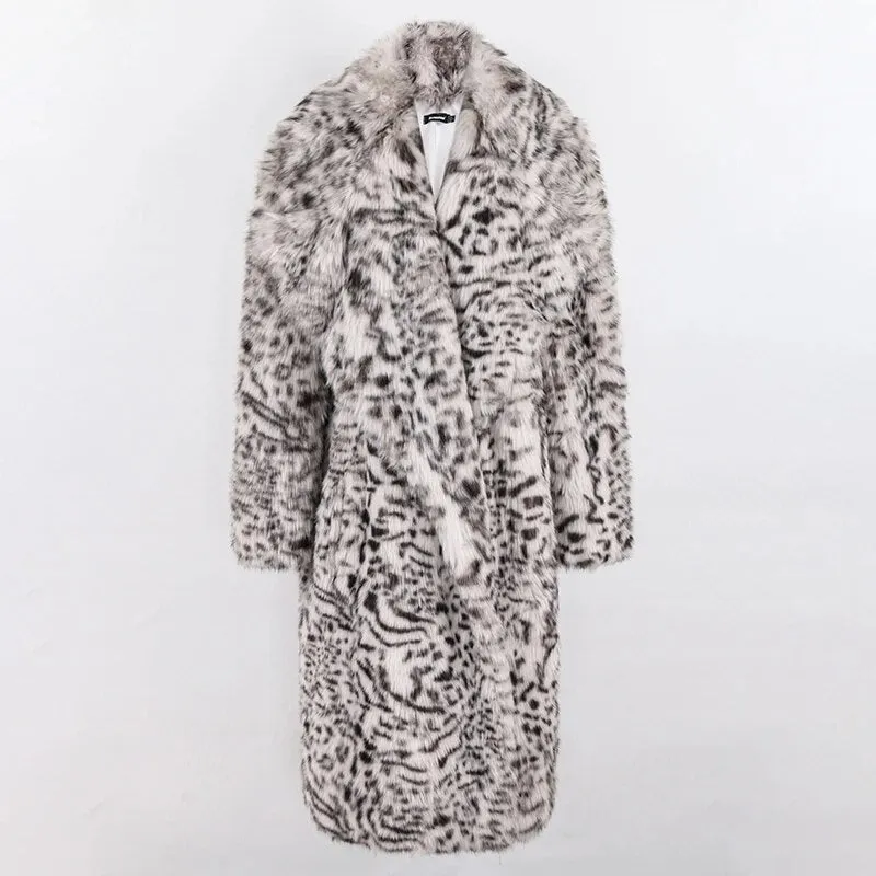 Margit Shaggy Snow Leopard Faux Fur Coat