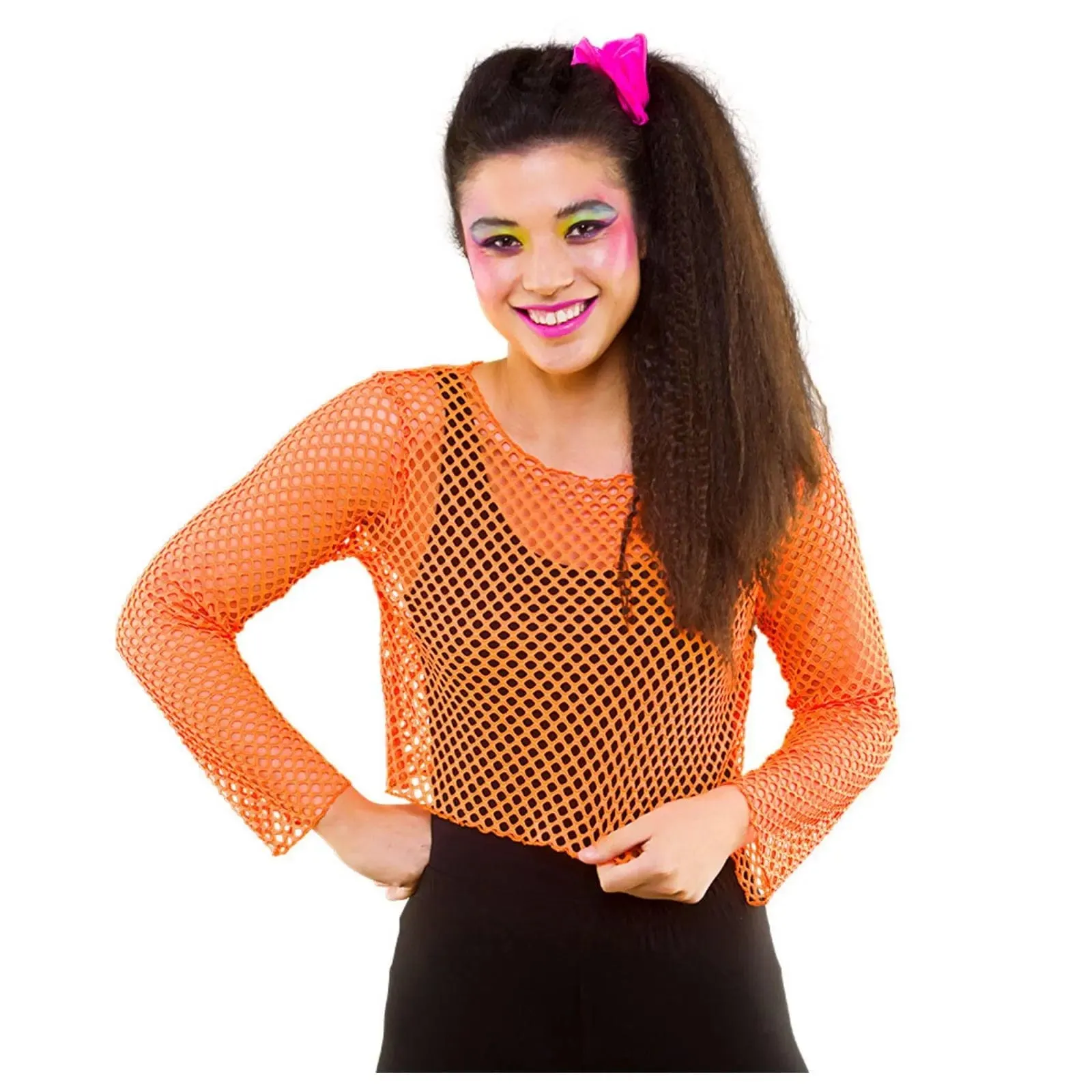 Neon Mesh Top Long Sleeve Retro 80s Fishnet Fancy Dress