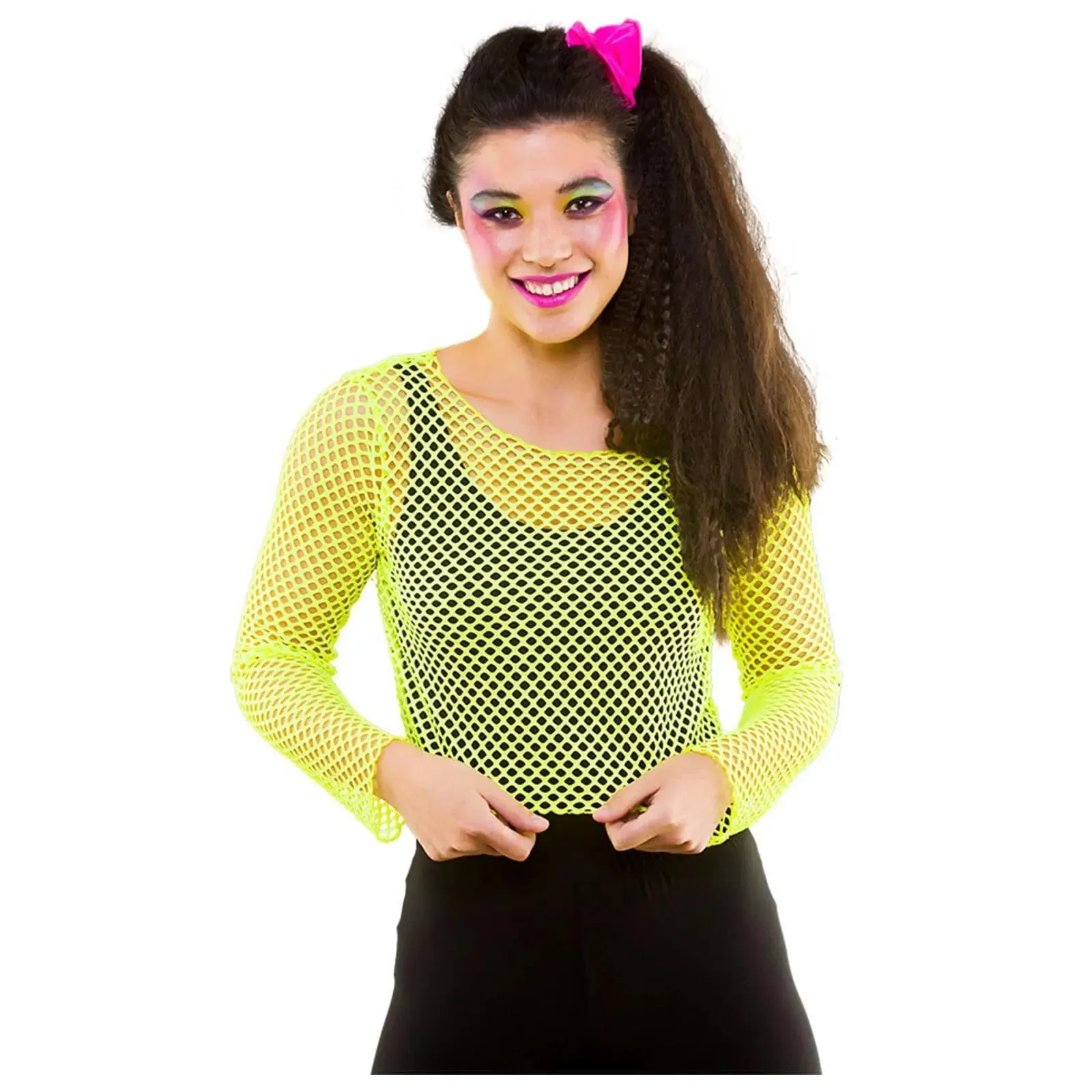 Neon Mesh Top Long Sleeve Retro 80s Fishnet Fancy Dress