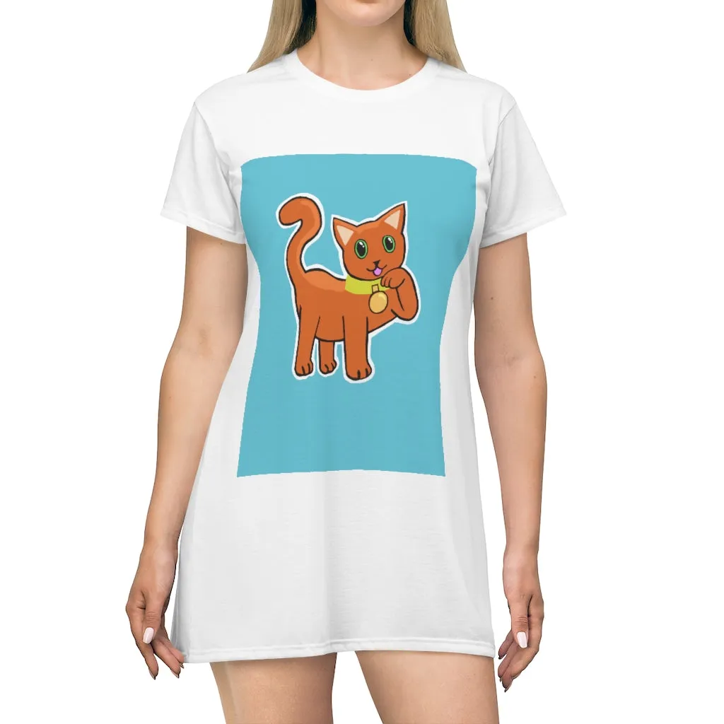 Orange Kitty All Over Print T-Shirt Dress