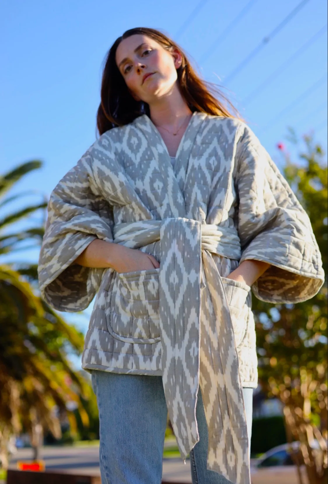 Quilted Kimono Jacket - Stone Ikat