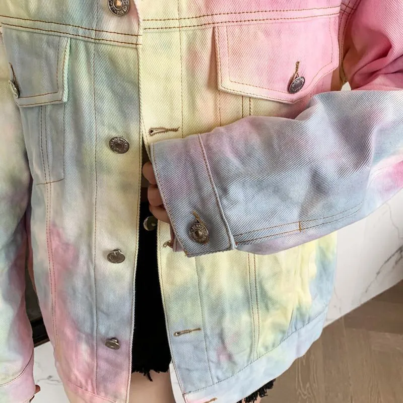 Rainbow Tie Dye Casual Denim Jacket