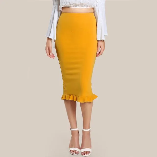 Ruffle Hem Midi Pencil Skirt in Mustard Yellow