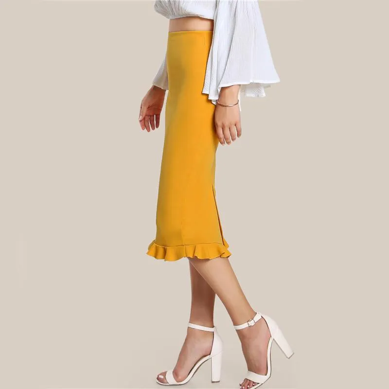 Ruffle Hem Midi Pencil Skirt in Mustard Yellow