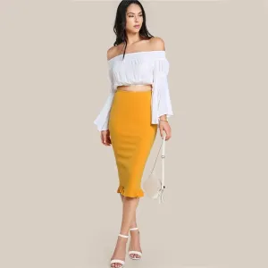 Ruffle Hem Midi Pencil Skirt in Mustard Yellow