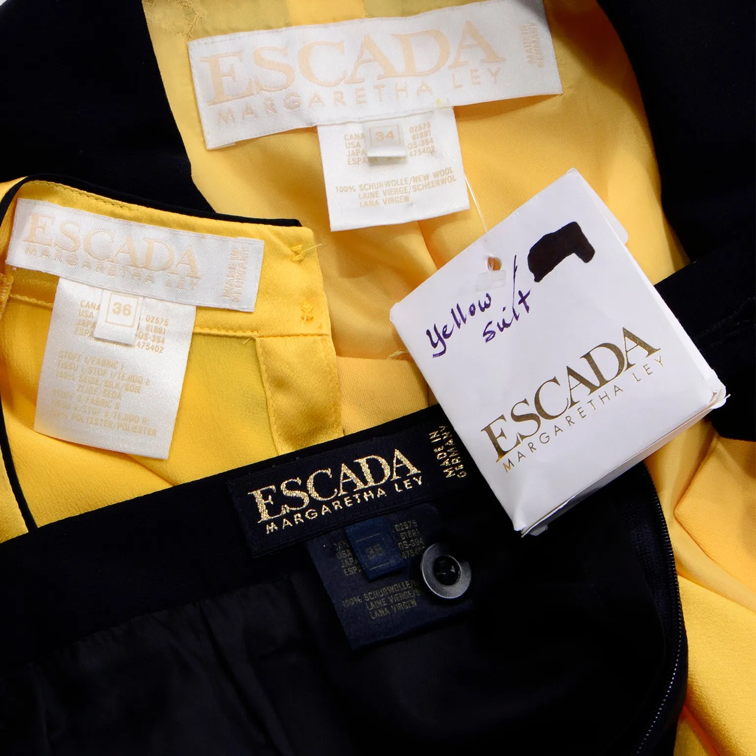 Vintage Escada Margaretha Ley Yellow & Black Wool Blazer Skirt Suit w Silk Blouse