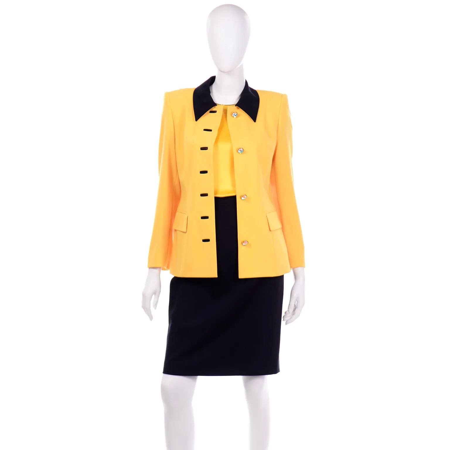 Vintage Escada Margaretha Ley Yellow & Black Wool Blazer Skirt Suit w Silk Blouse