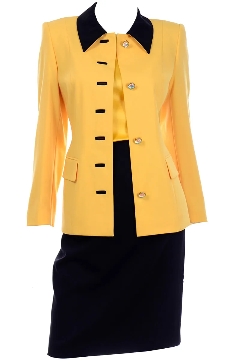 Vintage Escada Margaretha Ley Yellow & Black Wool Blazer Skirt Suit w Silk Blouse