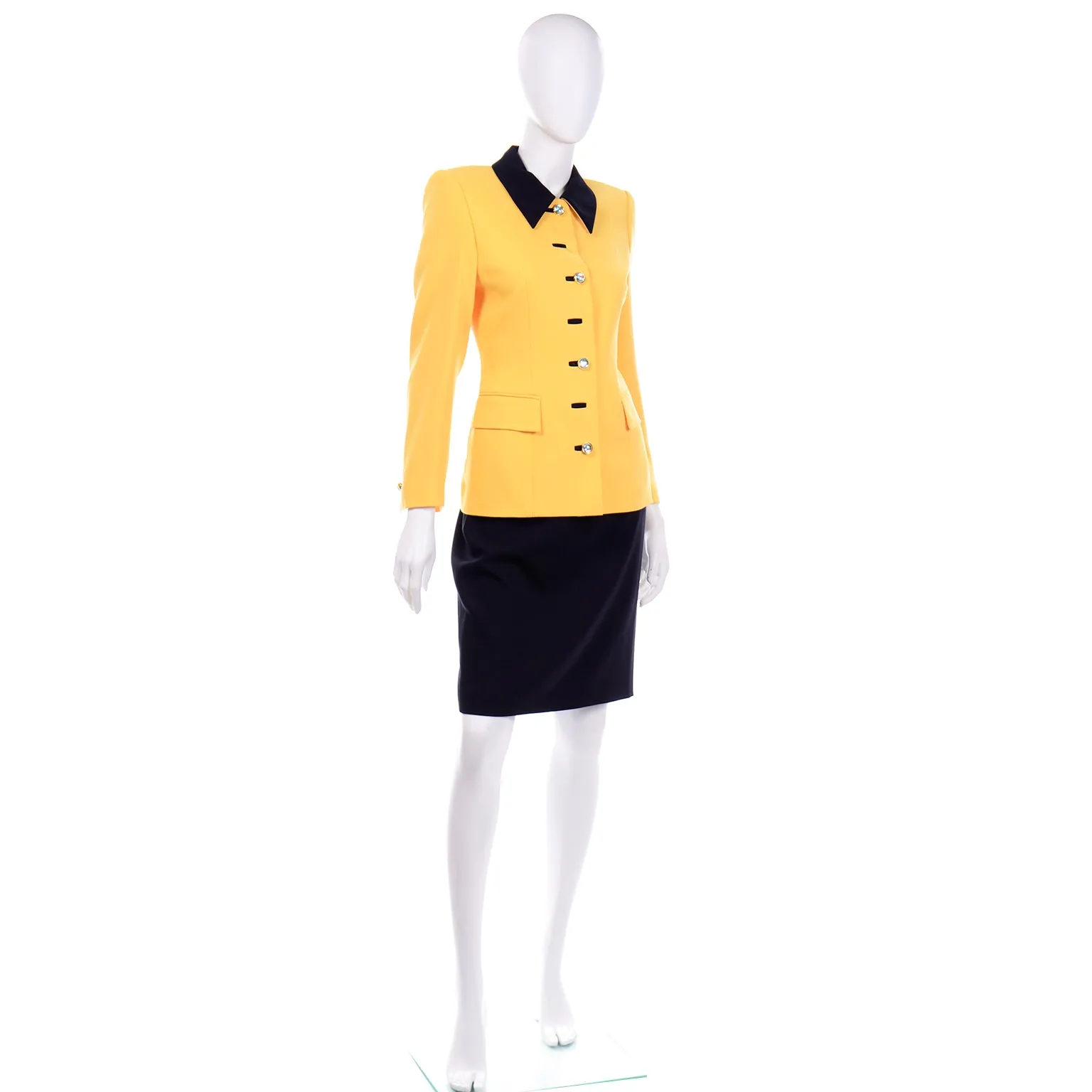 Vintage Escada Margaretha Ley Yellow & Black Wool Blazer Skirt Suit w Silk Blouse