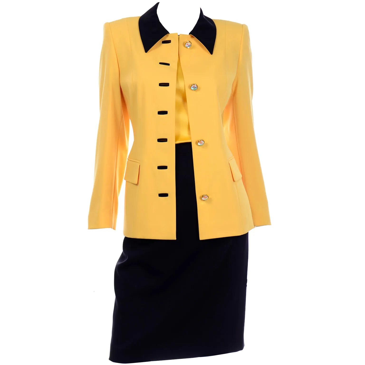 Vintage Escada Margaretha Ley Yellow & Black Wool Blazer Skirt Suit w Silk Blouse