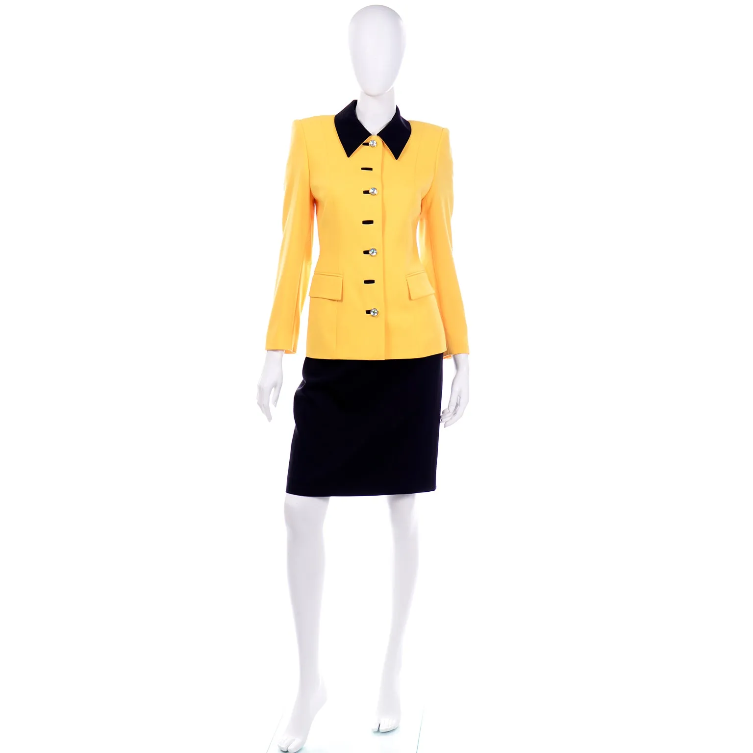 Vintage Escada Margaretha Ley Yellow & Black Wool Blazer Skirt Suit w Silk Blouse