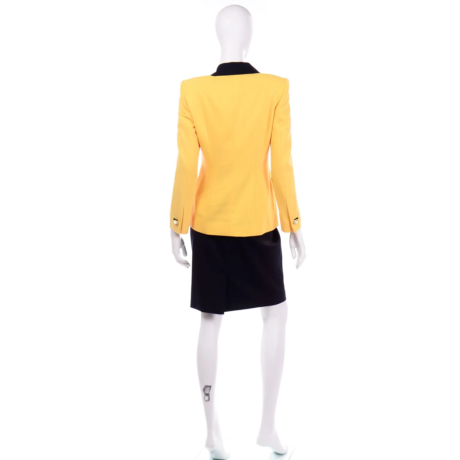 Vintage Escada Margaretha Ley Yellow & Black Wool Blazer Skirt Suit w Silk Blouse