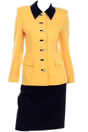 Vintage Escada Margaretha Ley Yellow & Black Wool Blazer Skirt Suit w Silk Blouse