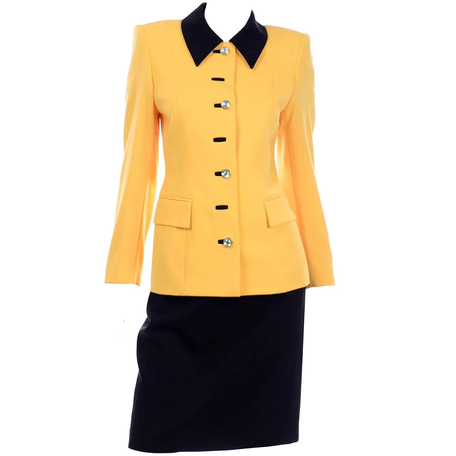 Vintage Escada Margaretha Ley Yellow & Black Wool Blazer Skirt Suit w Silk Blouse