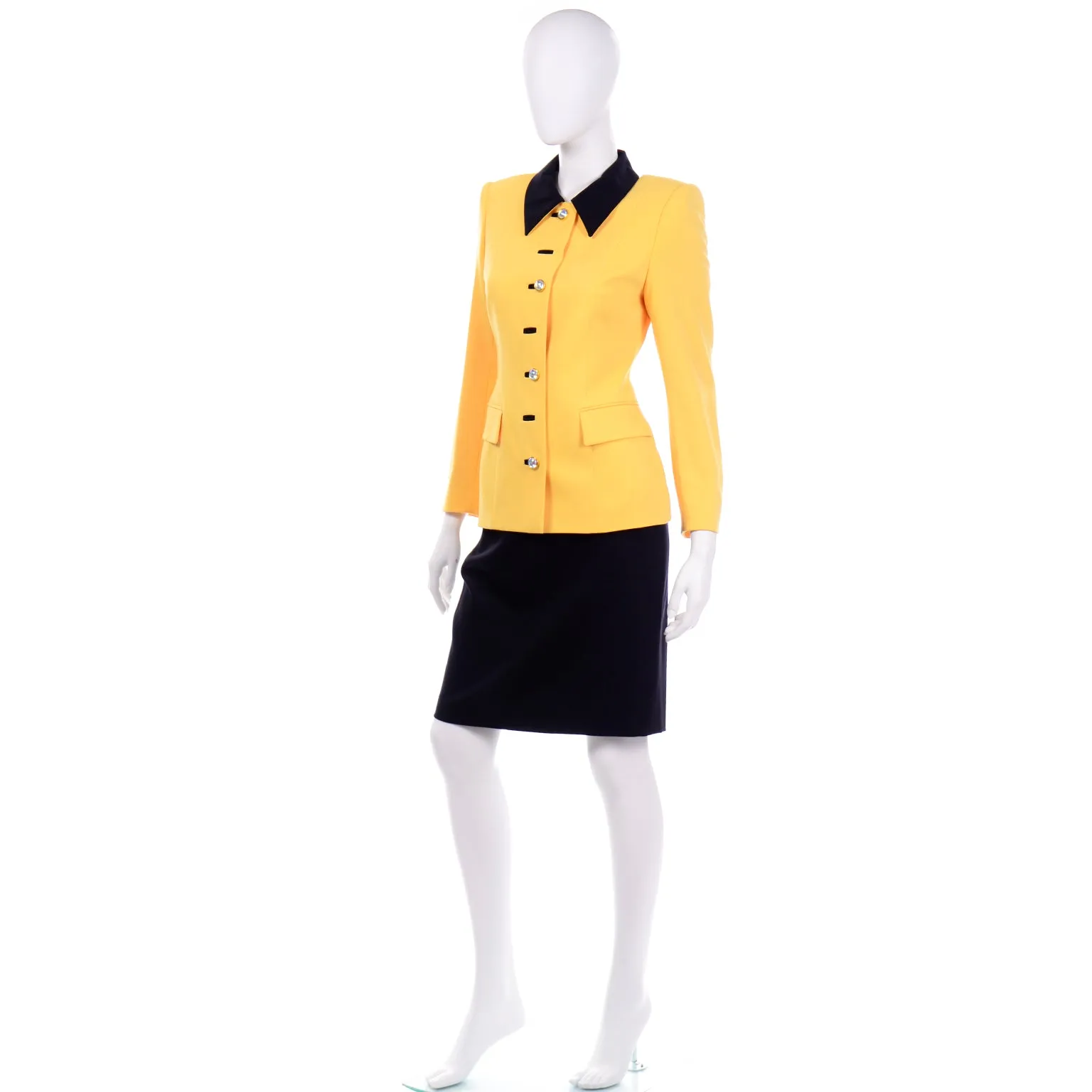 Vintage Escada Margaretha Ley Yellow & Black Wool Blazer Skirt Suit w Silk Blouse