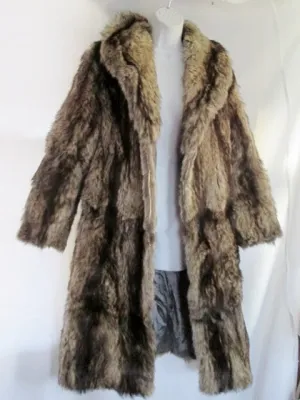 Vintage Womens Handmade Genuine RACCOON Fur Coat Jacket Parka TAN BEIGE BLACK